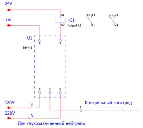 Схема подключения модуля МКЭ-1 в сетях с глухозаземленной нейтралью